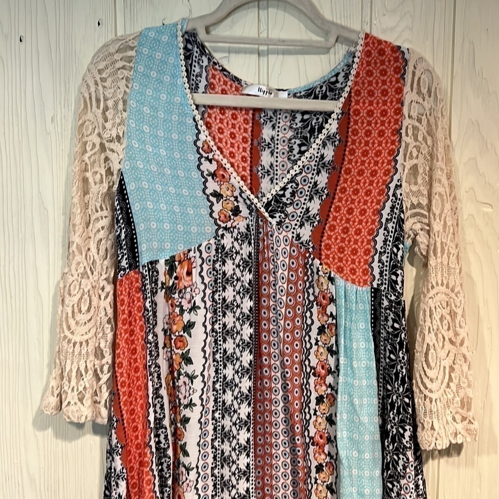 Military Hippie Boho Tunic/Dress with Lace 3/4 Sleeves, Size S - Picture 2 of 7